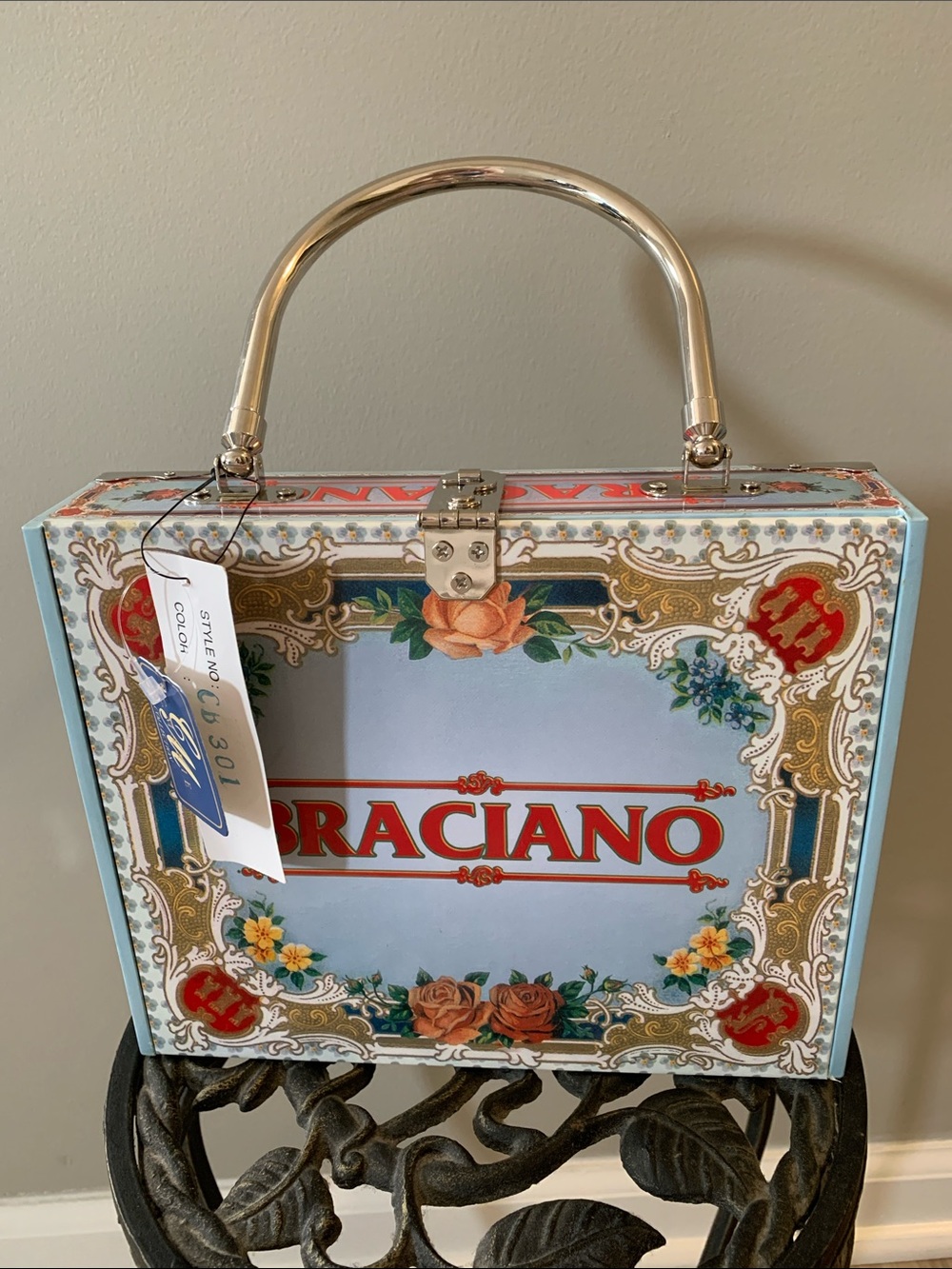 Braciano Light Blue Floral Box Handbag with Gold Handle